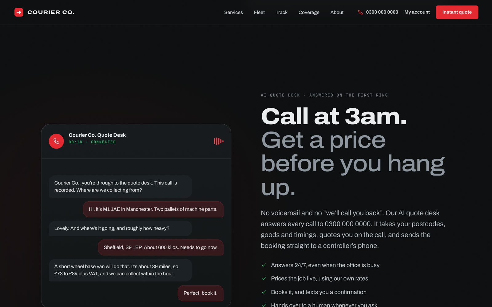 AI quote desk transcript where a caller gets a price and books