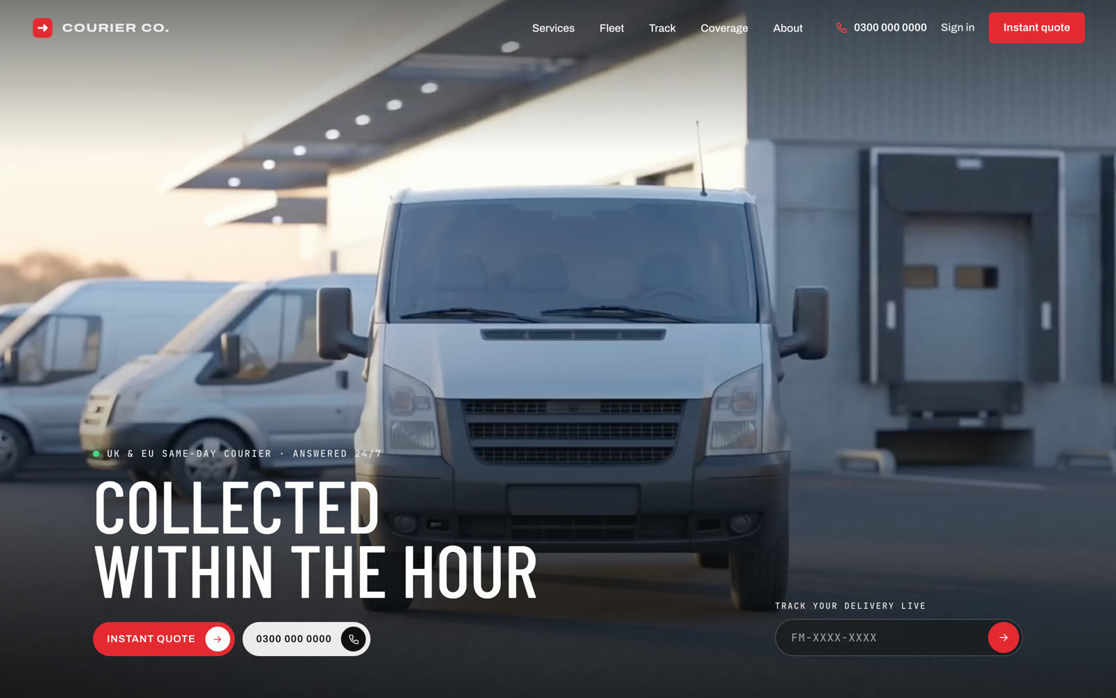 The courier web app homepage: a cinematic video of the van at the depot with the headline Collected within the hour