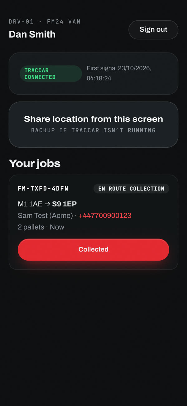 Driver app with a job and a Collected button