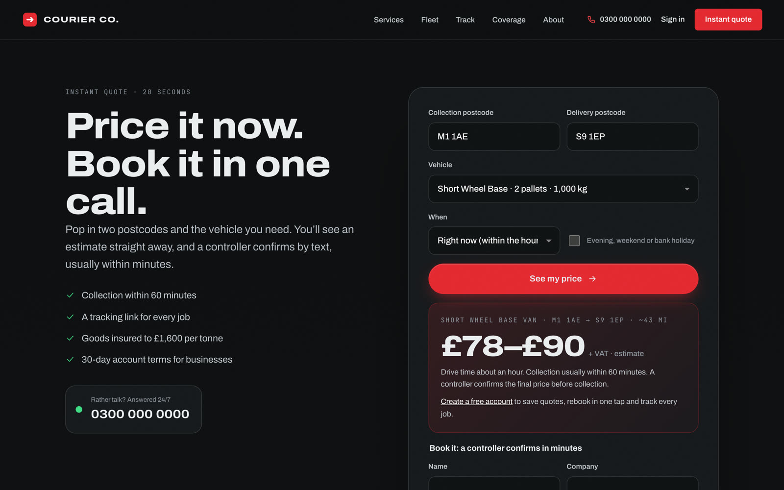 Instant quote form showing a price range for a short wheel base van