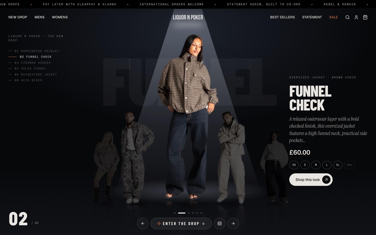 Concept homepage: one model in an oversized check jacket steps into a spotlight while the rest of the line-up falls into shadow