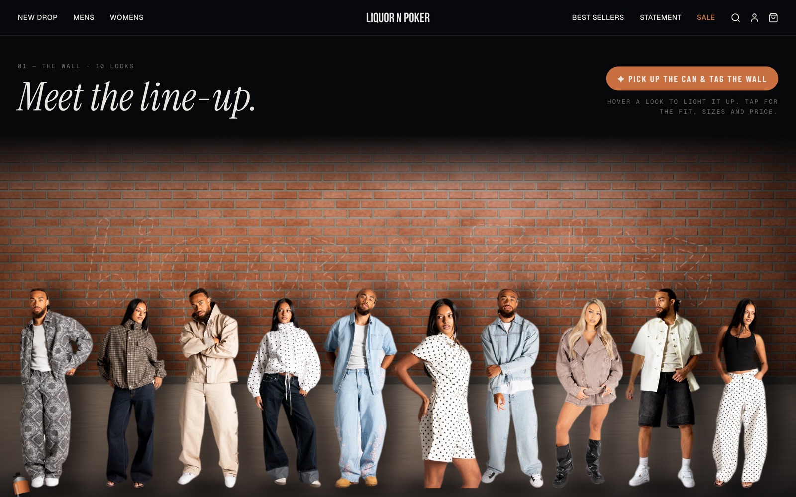Eighteen models lined up against a lit brick wall with a Pick up the can button